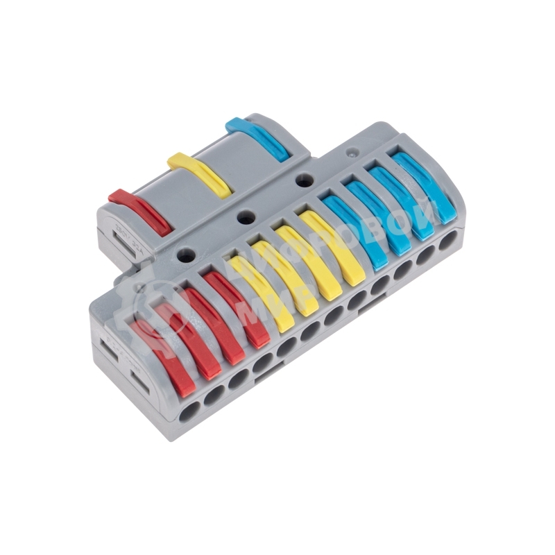 Клемма Rexant СМК 3х4 проходная разветвительная 3 полюса, с монтажной площадкой (1 ввод, 4 вывода на полюс) (блистер 4 шт/уп)