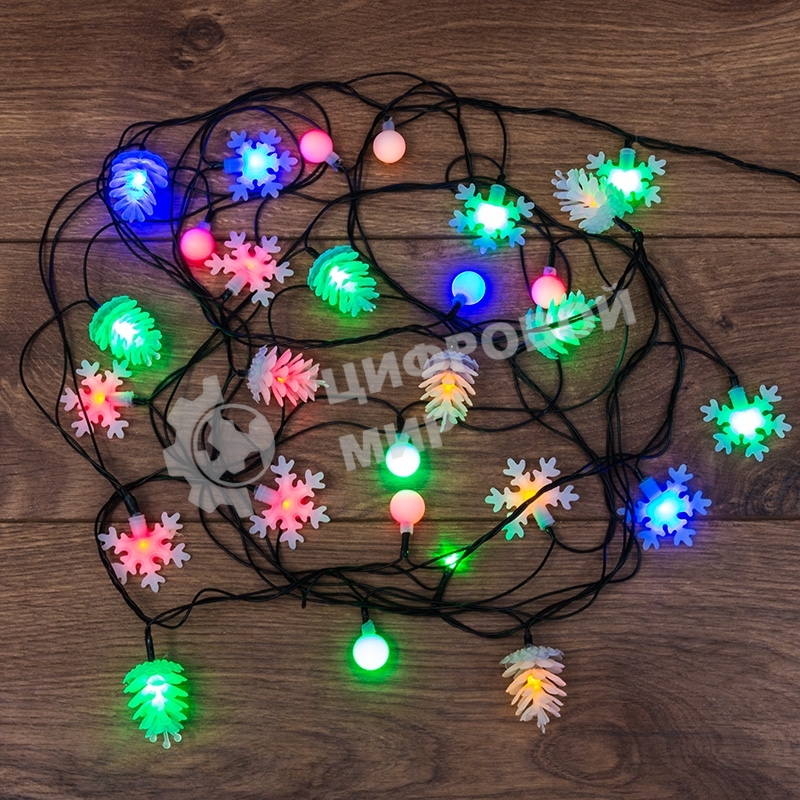 Гирлянда светодиодная Neon-night универсальная с насадками (шарики, снежинки, елочки) 30 LED МУЛЬТИКОЛОР, 4,4 метра с контроллером