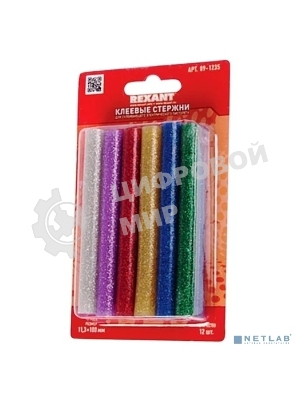 Клеевые стержни Rexant, Ø11 мм, 100 мм, цветные с блестками, 12 шт., блистер
