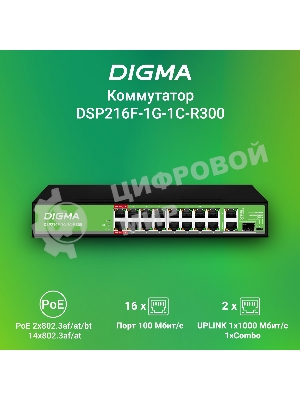 Коммутатор Digma DSP216F-1G-1C-R300 (L2) 16x100 Мбит/с 1x1 Гбит/с 1xКомбо(1000BASE-T/SFP) 16PoE 16PoE+ 2PoE++ 300W неуправляемый