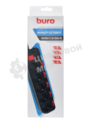 Сетевой фильтр Buro 500SH-1.8-SW-B 1.8 м, 5 розеток, черный, коробка