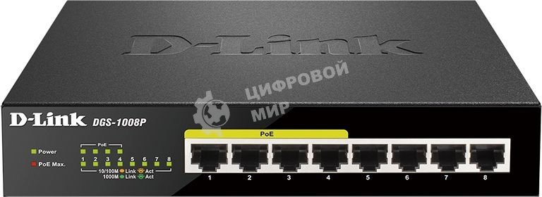 Коммутатор Unmanaged Switch with 8 10/100/1000Base-T ports (4 PoE ports 802.3af/802.3at (30 W), PoE Budget 68).8K Mac address, Auto-sensing, 802.3x Flow Control, Stand-alone, Auto MDI/MDI-X for each port, D-link Green technology, Metal case.Manual + Exter