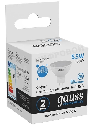 Лампа светодиодная Gauss Elementary MR16 6Вт цок.: GU5.3 спот 220B 6500K св. свеч. бел. хол. MR16 (упак.: 10 шт)