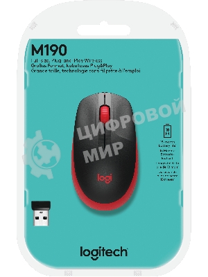 Мышь беспроводная Logitech M190 черный/красный, 1000 dpi, радиоканал, USB, кнопки - 3