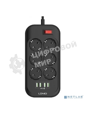 Сетевой фильтр Perfeo LD_B4436 LDNIO SE6403/ Сетевой удлинитель 2м + ЗУ на 4 USB/ 6 розеток (медь) - 2500W/ USB - 17W/ черный/серый
