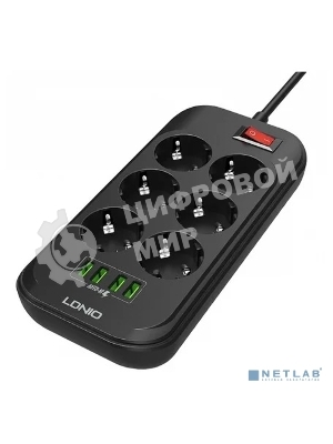Сетевой фильтр Perfeo LD_B4436 LDNIO SE6403/ Сетевой удлинитель 2м + ЗУ на 4 USB/ 6 розеток (медь) - 2500W/ USB - 17W/ черный/серый