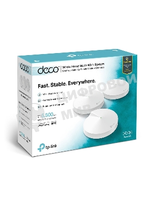 Маршрутизатор TP-Link TP-Link DECO M5(3-PACK) AC1300 Домашняя Wi-Fi система, чипсет Qualcomm, два диапазона (Dual-Band), поддержка стандартов 802.11ac/a/b/g/n, 717 МГц четырехъядерный процессор, Bluetooth 4.2, 2 гигабитных порта Ethernet, 1 порт USB Type-C, 4 встроенные антенны, 256QAM, MU-MIMO, HomeCare