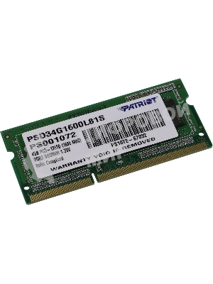 Оперативная память Patriot, DDR3L, 4GB (1x4 GB), 1600 MHz, CL11, SO-DIMM
