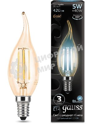 Лампа светодиодная филаментная Gauss Filament 5Вт цок.: E14 свеча 220B св. свеч. бел. нейт. (упак.: 10 шт)