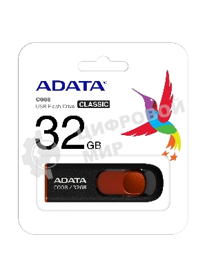 Флешка USB ADATA С008 (AC008-32G-RKD), 32Gb, USB 2.0, R/W 15/5, черный/красный