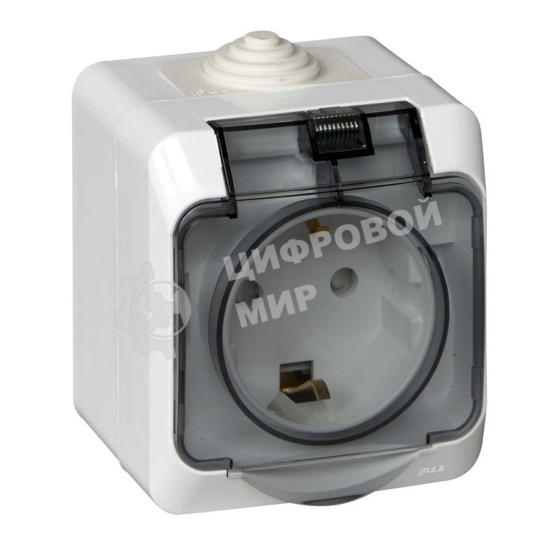 Розетка 1-м ОП Этюд 16А с защ. крышкой защ. шторки с заземл. IP44 белый SchE PA16-044B