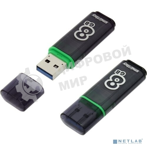 Флешка USB SmartBuy Glossy series Dark Grey (SB8GbGS-DG), 8Gb, USB 3.0, R/W 75/30, серый/зеленый