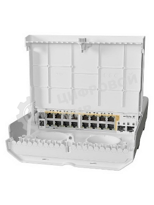 Коммутатор MikroTik Cloud Router Switch 318-16P-2S+OUT with 800MHz CPU, 256MB RAM, 16x Gigabit LAN with PoE-out, 2xSFP+ cages, RouterOS L5 or SwitchOS (dual boot), outdoor enclosure, mounting kit (power supply N