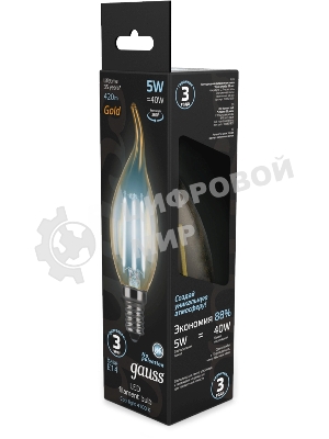 Лампа светодиодная филаментная Gauss Filament 5Вт цок.: E14 свеча 220B св. свеч. бел. нейт. (упак.: 10 шт)