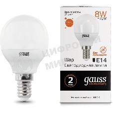 Лампа светодиодная Gauss Elementary 8Вт цок.: E14 шар 220B 3000K св. свеч. белый теп. P45 (упак.: 10 шт)