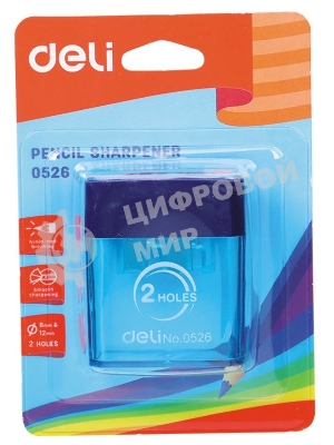 Точилка для карандашей ручная Deli E0526, 2 отверстия, пластик, ассорти блистер