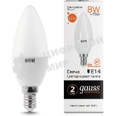 Светодиодная лампа Gauss Elementary 8Вт цок.: E14 свеча 220B 3000K св. свеч. белый. теп. С37 (упак.: 10 шт)