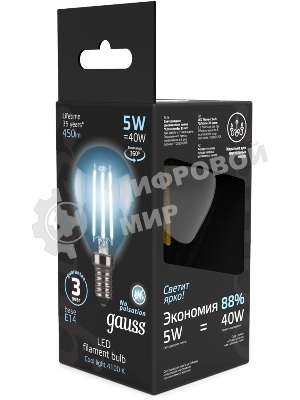 Лампа светодиодная филаментная Gauss Filament 5Вт цок.: E14 свеча 220B св. свеч. бел.нейт. (упак.: 10 шт)
