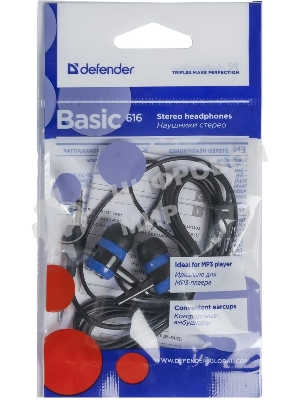 Наушники проводные Defender Basic 616 черный/синий, внутриканальные, Jack 3.5 мм