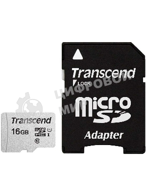 Флеш карта Micro SecureDigital 16Gb TranscendTS16GUSD300S-A MicroSDHC Class 10 UHS-I, SD adapter