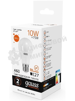 Лампа светодиодная Gauss Elementary 10Вт цок.: E27 груша 220B 3000K св. свеч. белый теп. A60 (упак.: 10 шт)