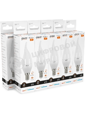 Лампа светодиодная Gauss Elementary 6Вт цок.: E14 свеча 220B св. свеч. бел. теп. (упак.: 10 шт)