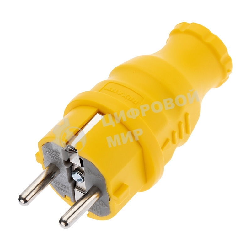 Вилка Rexant прямая влагозащищенная, c/з, 16А. IP44, каучук желтая