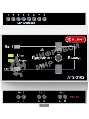 Электронно-механический АВР Elemy ATS-3102 4DIN ввод:2xвинтовая клема выход:1xвинтовая клема8A серый