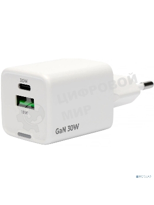 Зарядное устройство Cablexpert MP3A-PC-63, 30Вт GaN, 3А, QC4.0/PD, 1xUSB, 1xType-C, белый, пакет