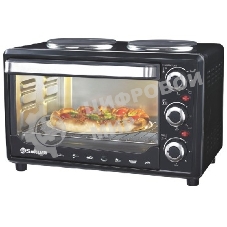 Мини-печь Sakura SA-7002HBK 48л, 3600Вт, духовка 2000Вт, конфорки 185мм+155мм (1000Вт+600Вт), механ.управление, 3 режима работы духовки (верх, низ, верх+низ), раздельная регулировка температуры духовки и конфорок, комплектация - металлическая решетка, противень и ухват. чёрны