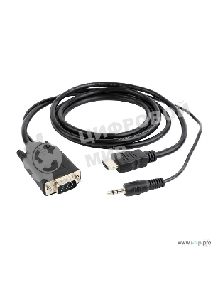 Кабель HDMI->VGA Cablexpert A-HDMI-VGA-03-6, 19M/15M + 3.5Jack, медь, позол.разъемы, 1.8м, черный, пакет