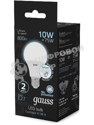 Лампа светодиодная Gauss 102502210-M 10Вт цок.: E27 груша 220B св. свеч. бел. нейт. A60 (упак.: 10 шт)