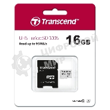 Флеш карта Micro SecureDigital 16Gb TranscendTS16GUSD300S-A MicroSDHC Class 10 UHS-I, SD adapter