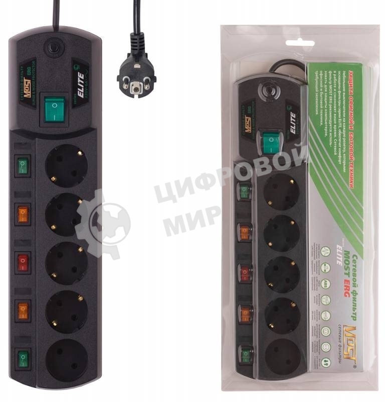 Сетевой фильтр Most ERG 2 м (5 розеток) черный (коробка)