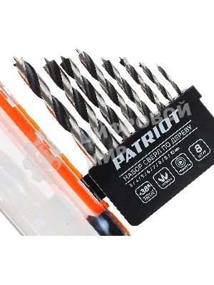 Набор сверл по дереву PATRIOT спиральные, W-образная заточка, 8 шт: 3, 4, 5, 6, 7, 8, 9, 10 мм, в пластиковом боксе