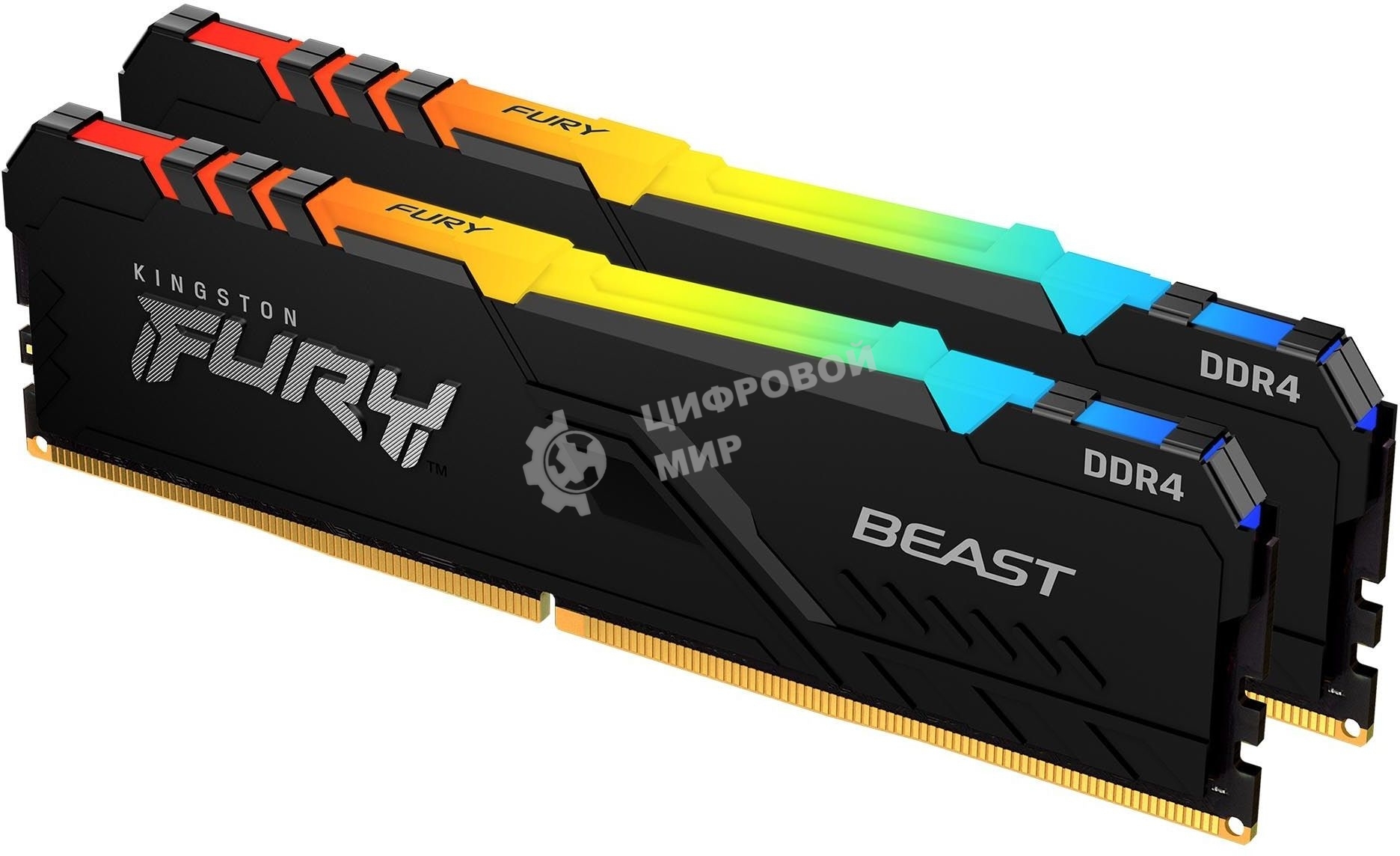 Оперативная память Kingston Fury Beast, DDR4, 32GB (2x16GB), 3200MHz, CL16, DIMM, с радиатором, RGB, черный