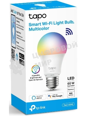 Умная многоцветная Wi‑Fi лампа Tapo Smart WiFi Bulb, A60 size，E27 base, 9.5W, 16 million colors, 2000k-6500k tunable white, 800 lumens brightness and diммable, 802.11b/g/n 2.4G WiFi connection, work with 200-240 V, 50/60 Hz power voltage and frequency, work with Yandex Alice/Goo