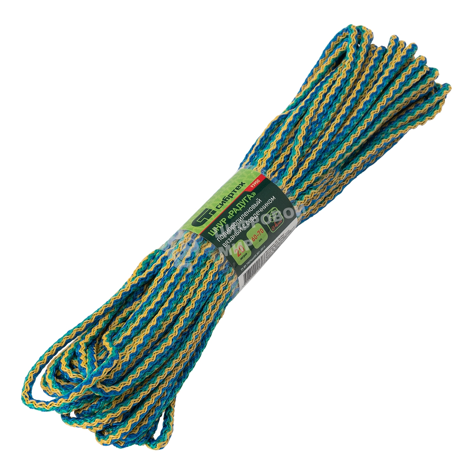 Шнур вязаный полипропиленовый Сибртех с сердечником, разноцветный, 4 мм, L 20 м,