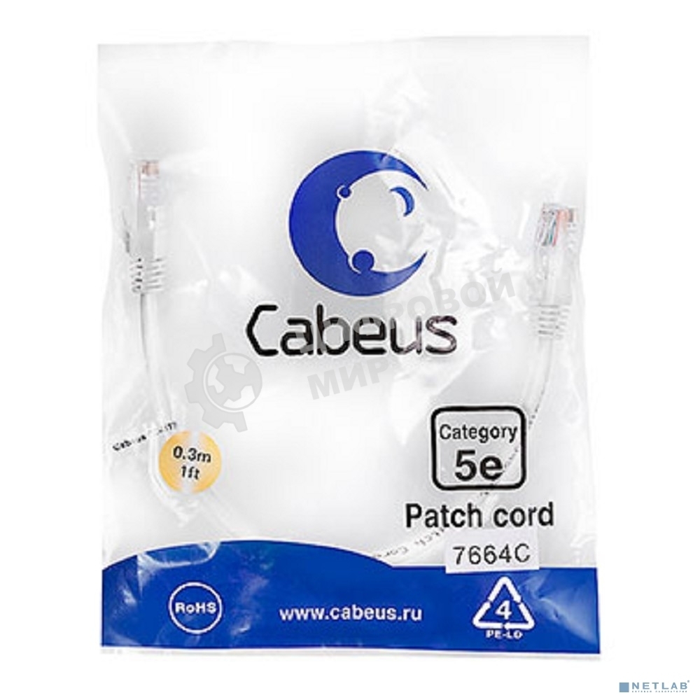 Патч-корд Cabeus, Cat.5e, неэкр., U/UTP, RJ45/RJ45, LSZH, AWG24, 0.3м, белый