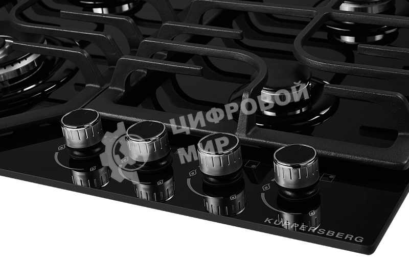 Встраиваемые газовые панели Kuppersberg FG 63 B Газовая варочная панель стекло, ширина 60 см, 4 газовые конфорки,комфорка повышенной мощности,автоподжиг, газ-контроль, чугунные решетки, цвет черный
