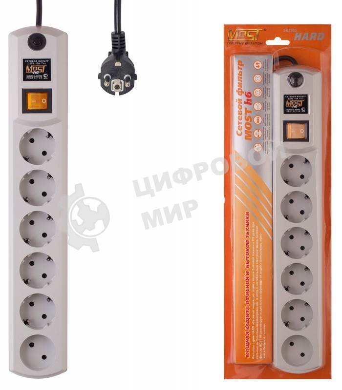 Сетевой фильтр Most H6 2 м (6 розеток) белый (коробка)