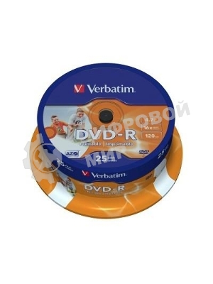 Диск DVD-R Verbatim 4.7Gb 16x Cake Box (25шт) Printable (43538)