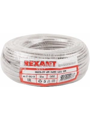 Кабель UTP Rexant 4PR 24AWG, CU (медь), cat.5e, 100 МГц, PVC, серый, бухта 50 м