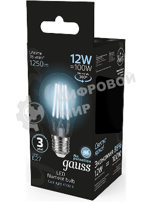 Лампа cветодиодная Gauss Filament А60 12W 1250lm 4100К Е27 LED 1/10/40