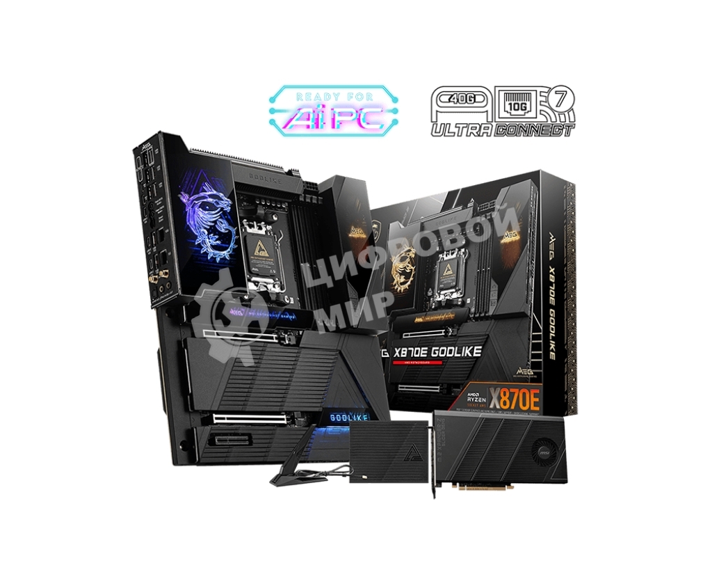 Материнская плата MSI MEG X870E GODLIKE, AM5, AMD X870E, 4xDDR5, 4xSATA, 7xM.2, 2xPCIe 5.0 x16, 1xPCIe 4.0 x4, 2xUSB-C DP, 1x10G LAN, 1x5Gb LAN, Wi-Fi 7, Bluetooth 5.4, 2xUSB-C 40Gbps, 5xUSB-C 10Gbps, 1xUSB-C 20Gbps, 8xUSB-A 10Gbps, 4xUSB-A 5Gbps, 4xUSB-A 2.0, 1xS/PDIF, 2x3.5 мм, 7.1, E-ATX