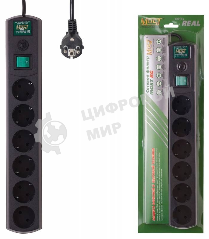 Сетевой фильтр MOST Сетевой фильтр RG 2 м (6 розеток), черный 587277