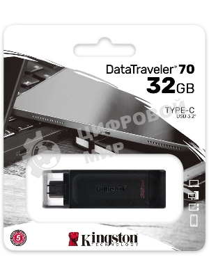 Флешка USB Kingston DataTraveler DT70 (DT70/64Gb), 64Gb, USB Type-C 3.2, R/W 70/45, черный