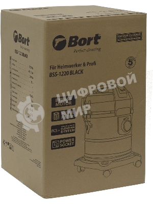 Строительный пылесос Bort BSS-1220 черный (93412598) 240/1200 Вт, уборка сухая/влажная, пылесборник мешок/контейнер, 20 л