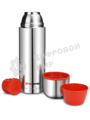 Термос Starwind 20-1000 1 л, серебристый/красный, картонная коробка