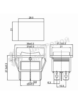 Выключатель клавишный Rexant 250V 15А (6с) ON-OFF-ON синий с подсветкой и нейтралью